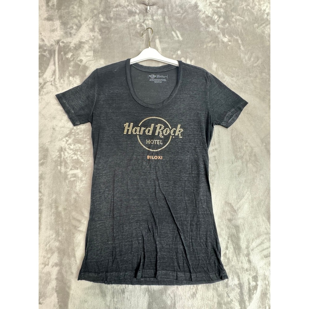 Hard Rock Hotel Biloxi Womens Large Black Rhinestone Logo Graphic Tee T Shirt‎
